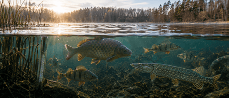 Vissen in de winter met karper, baars en snoek in koud water